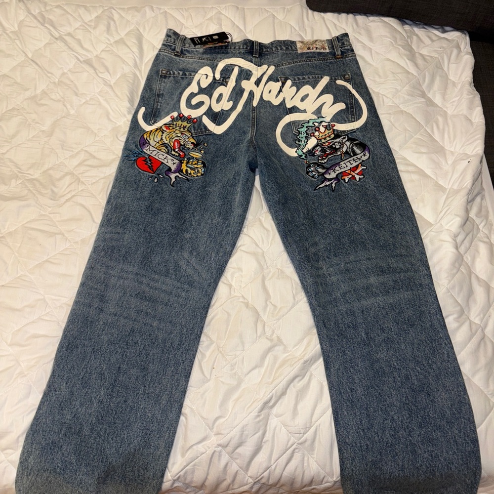 Ed Hardy Blue Straight Men's Jeans with Multicolor Graphics